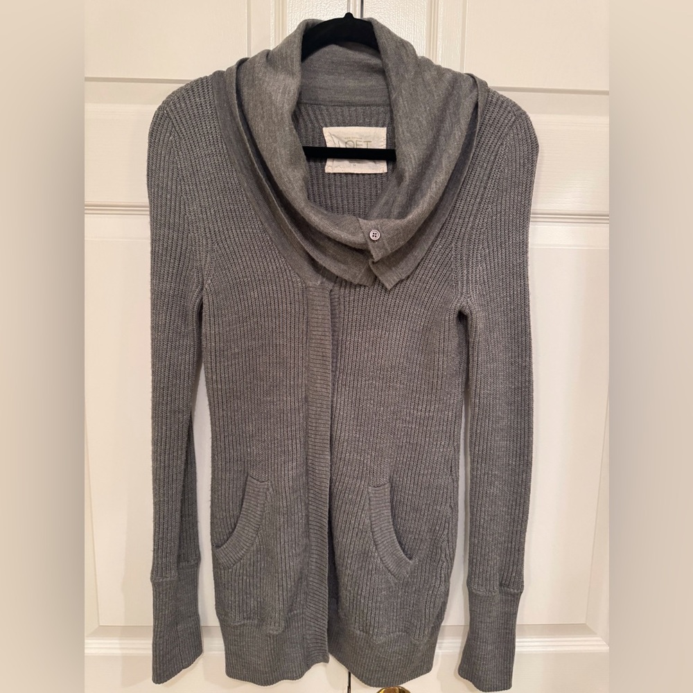 Loft Lounge Gray Ribbed Full Zip w/ Button Up Collar Cardigan